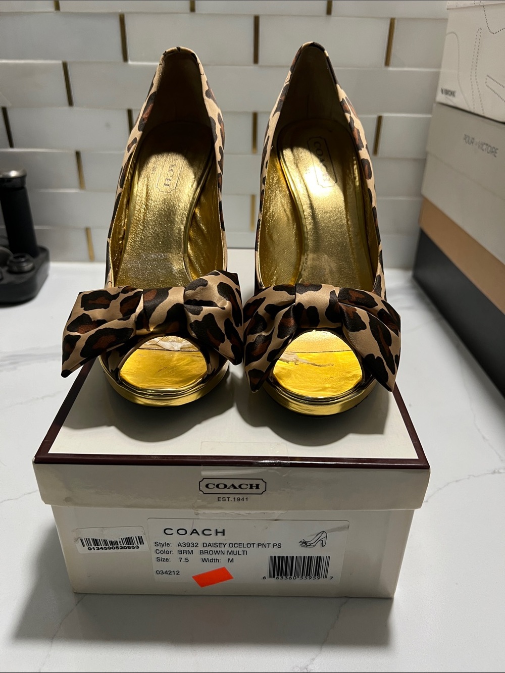COACH Brown Multi Leopard Peep-Toe Bow Pumps